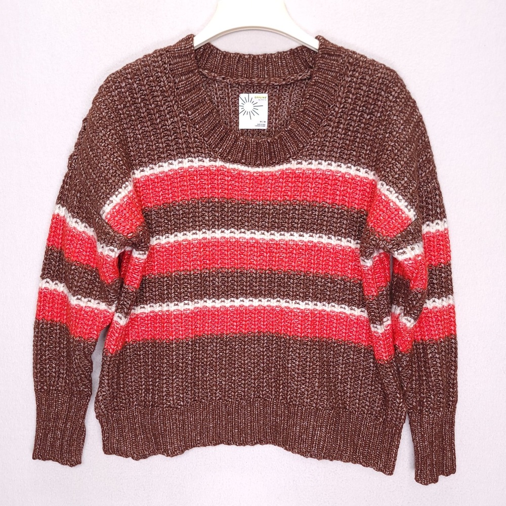 OFFLINE by Aerie Brown Coral Striped Chunky Knit Sweater Womens Medium